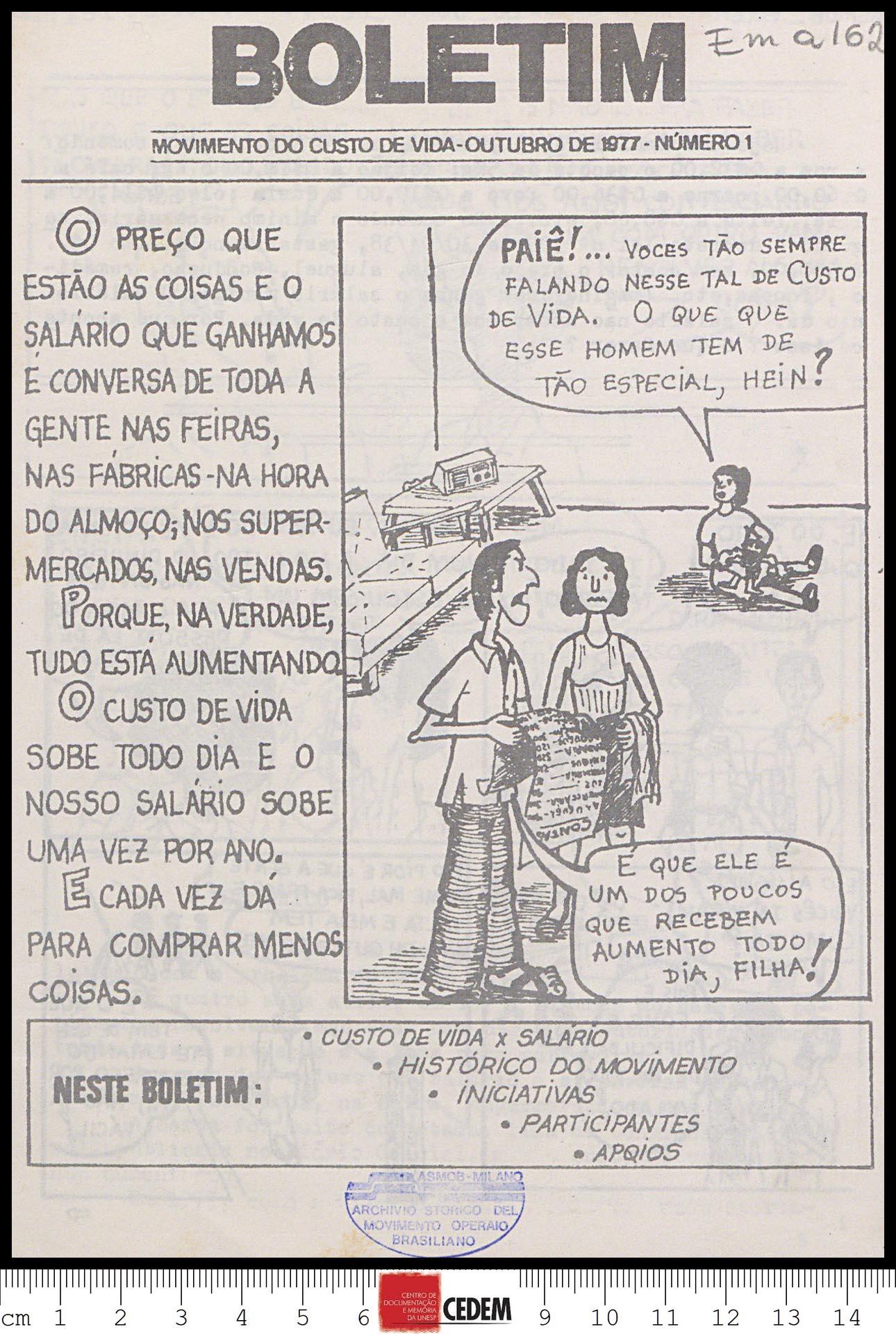 Boletim Movimento Custo de vida - 1 - out. 1977