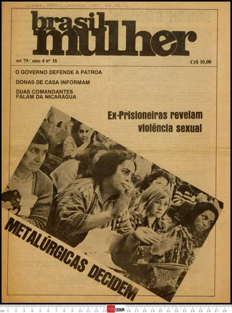 Capa do periódico Brasil Mulher, de setembro de 1979, onde mulheres denunciam ter sofrido violência sexual ao serem presas.
