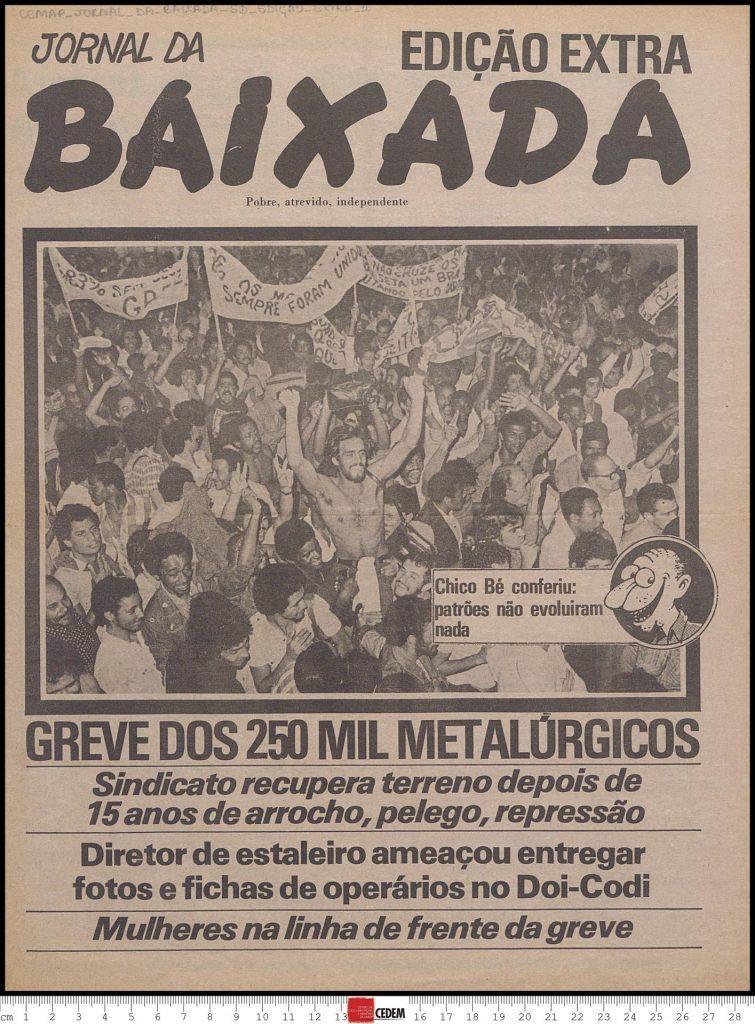 Capa do Jornal da Baixada, com destaque para a greve de 250 mil metalúrgicos e ameaças sofridas por operários.