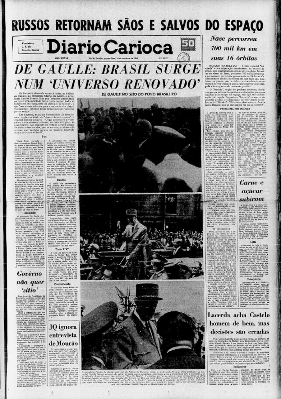 Manchete do Diário Carioca sobre a visita de De Gaulle ao estado da Guanabara