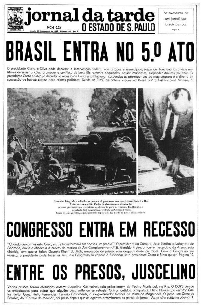 Matéria principal da edição do Estado de São Paulo no dia 14 de dezembro de 1968.
