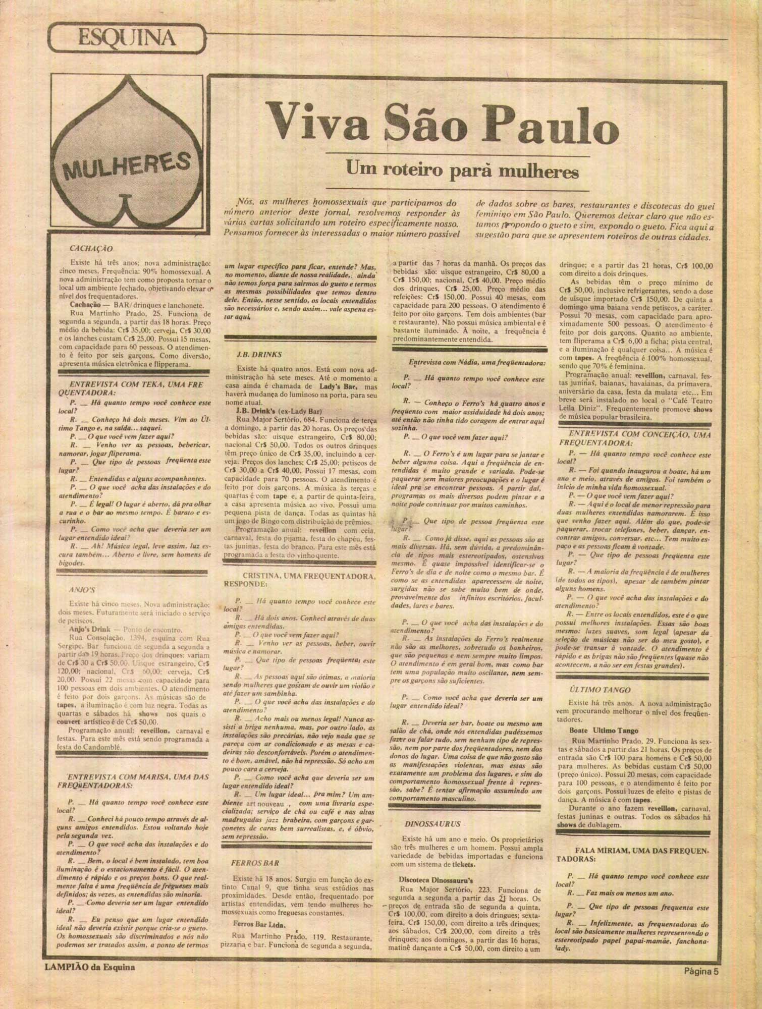 "Viva São Paulo. Um roteiro para mulheres". Jornal Lampião da Esquina, nº 13, ano II, junho de 1979. Acervo Prof. Dr. Luiz Mott (CEDOC LGBTI+).