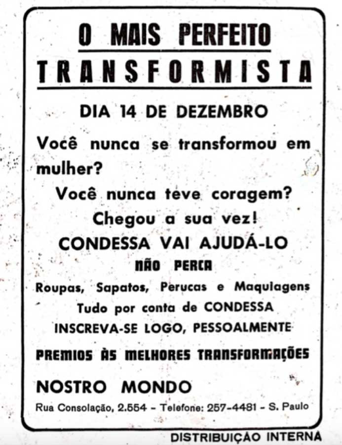 Anúncio da boate Nostro Mundo, aberta em 1971, em São Paulo (SP), pela Condessa Mônica. São Paulo (SP). s/d. Fundo Outra Coisa - Arquivo Edgard Leurenroth/Unicamp.