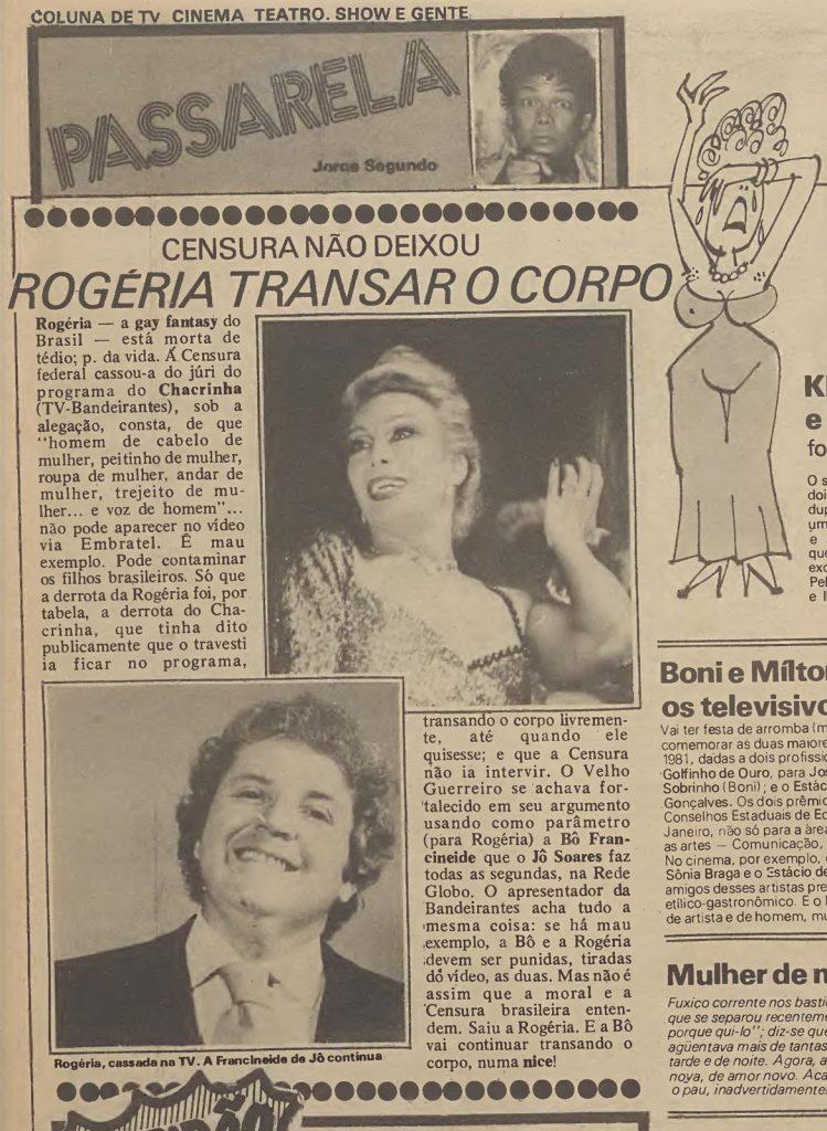 Censura não deixou Rogéria transar o corpo. O repórter, n. 51, 2 de setembro de 1981. Memórias da Ditadura/Instituto Vladimir Herzog