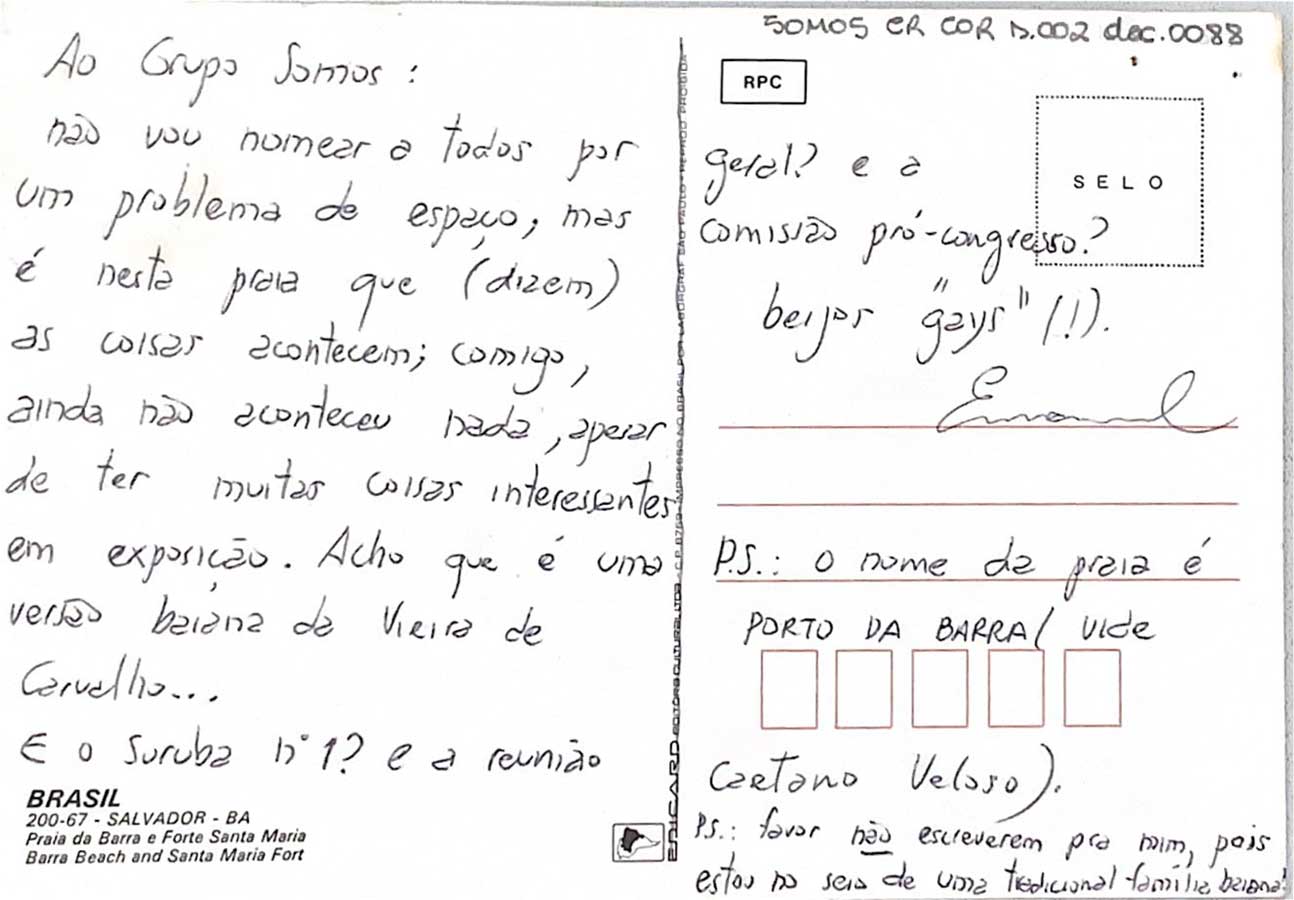 Cartão postal de integrante do Somos em viagem por Salvador (BA), em 1980. Acervo Arquivo Edgard Leurenroth/Unicamp.