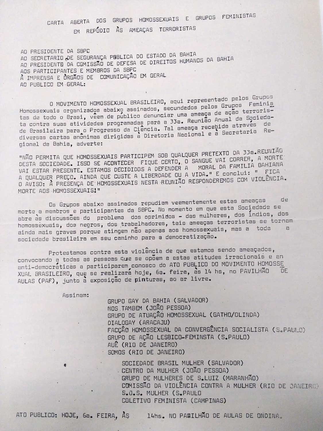Carta aberta dos grupos homossexuais e grupos feministas de repúdio às ameaças terroristas. Acervo Arquivo Edgard Leurenroth/Unicamp.