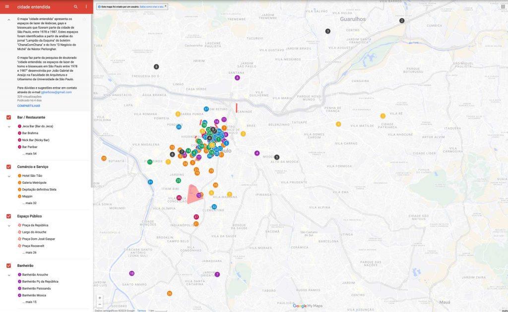 Mapa do projeto "Cidade entendida", com pontos de sociabilidade para gays, lésbicas e bissexuais no período de 1978 a 1987, em São Paulo (SP), elaborado por João Gabriel Barbosa, em 2023.