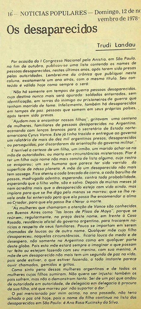 Crônica de Trudi Landau sobre os desaparecidos políticos durante a Ditadura Militar e a luta de seus parentes por verdade e justiça. Fonte_ Coleção Trudi Landau, Museu Judaíco de São Paulo. CP0049-RJR-Pasta2_003 (Cx. 116)