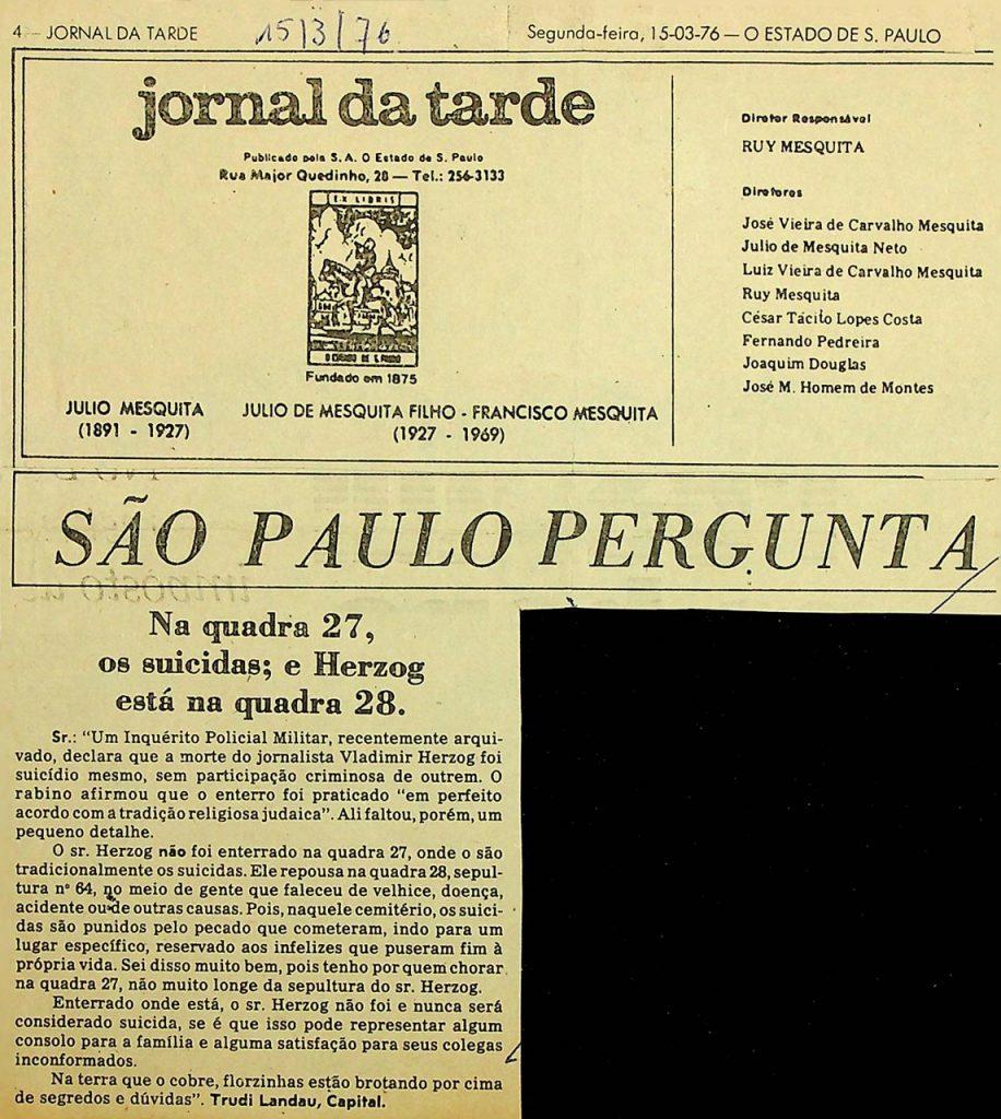 Crônica publicada por Trudi Landau sobre o assassinato de Vladmir Herzog. Fonte Coleção Pessoal Trudi Landau, Museu Judaico de São Paulo. CP0049-RJR-Pasta1_001 (Cx. 116)
