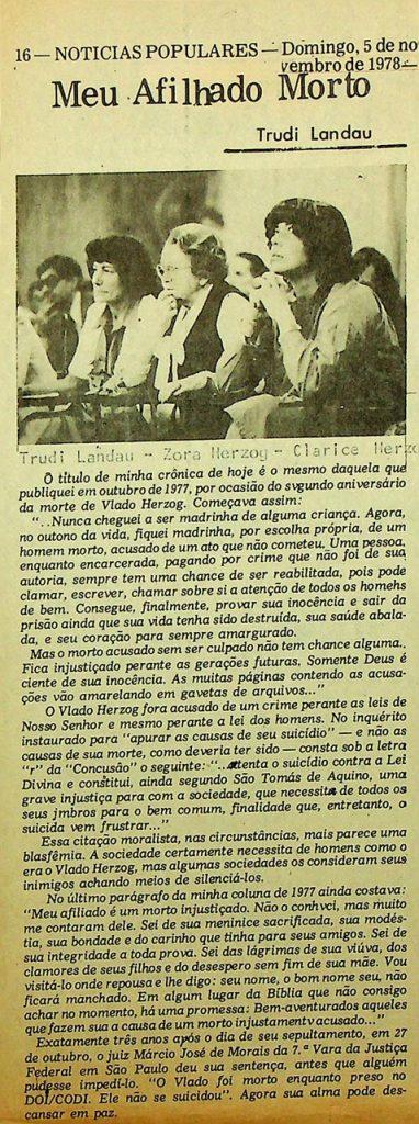 Crônica publicada por Trudi Landau sobre o assassinato de Vladmir Herzog. Fonte Coleção Pessoal Trudi Landau, Museu Judaico de São Paulo. CP0049-RJR-Pasta2_002 (Cx. 116)