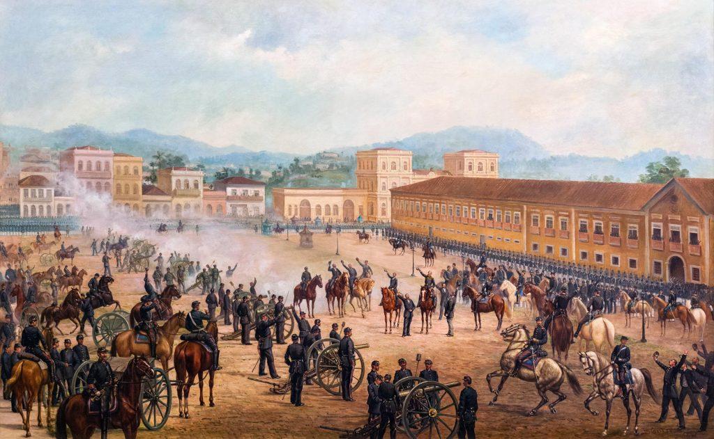 Proclamação da República, de Benedito Calixto (1893). A obra retrata simbolicamente a deposição do imperador Dom Pedro II e o início do regime republicano no Brasil. Apesar de frequentemente romantizada, a Proclamação da República foi resultado de um golpe militar liderado por setores do Exército e das elites insatisfeitas com a monarquia, sem participação popular direta. O episódio marca uma ruptura institucional decisiva na história política do país.Tentativas de golpes da Primeira República e o “poder moderador”.