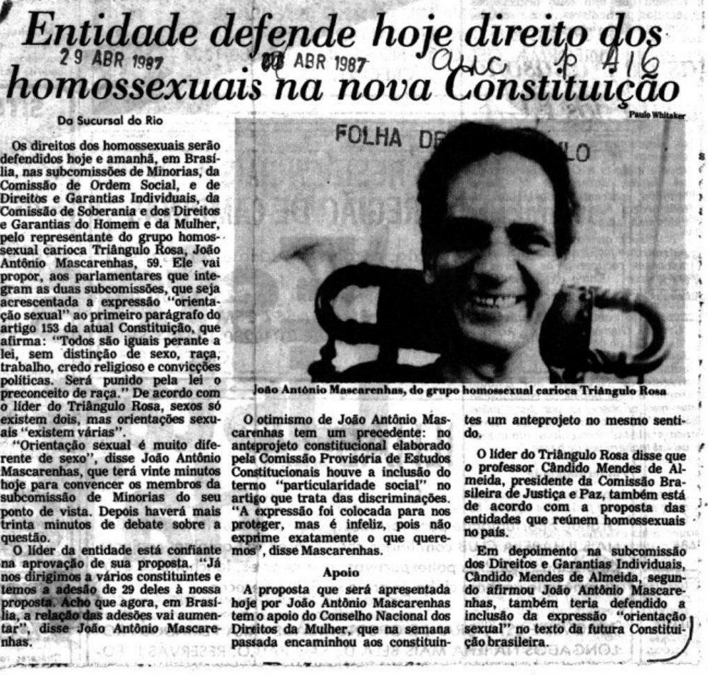 Folha de São Paulo sobre João Antônio Mascarenhas na Constituinte. Fonte: Biblioteca virtual do Senado Federal.